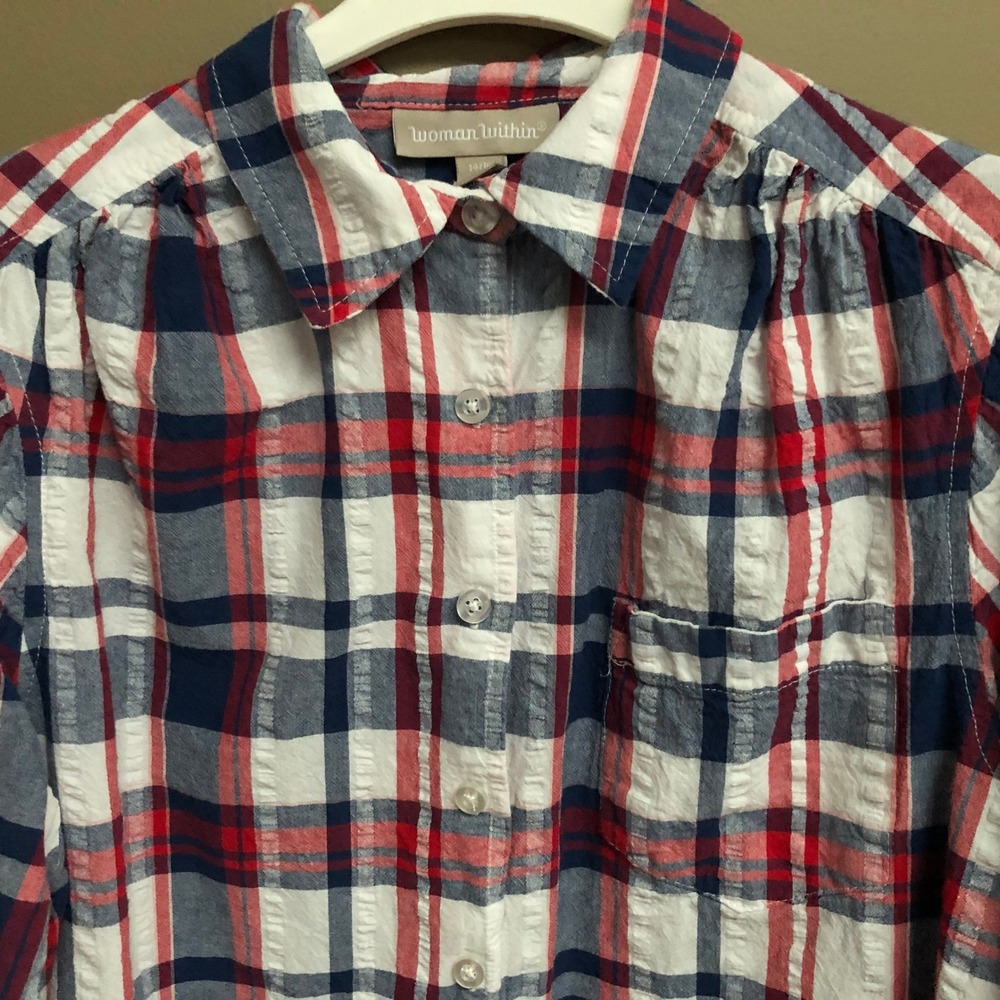 Woman Within Red White Blue Plaid Seersucker Button Up Shirt Plus Size M 14-16